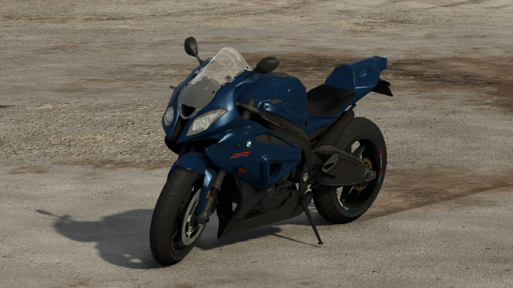 fs25-mods,  BMW S 1000 RR mod for Farming Simulator 25, showcasing an intricate blue design on a concrete surface.