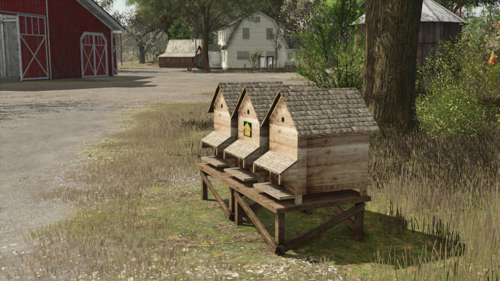 fs25-mods, Beehive with three large frames mod in Farming Simulator 25, set in a rural farm environment.