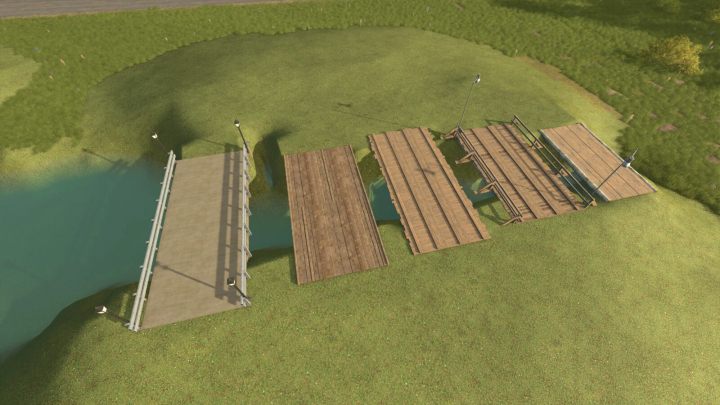 fs25-mods, Multiple bridges in Farming Simulator 25 Bridge Pack mod over a small stream.