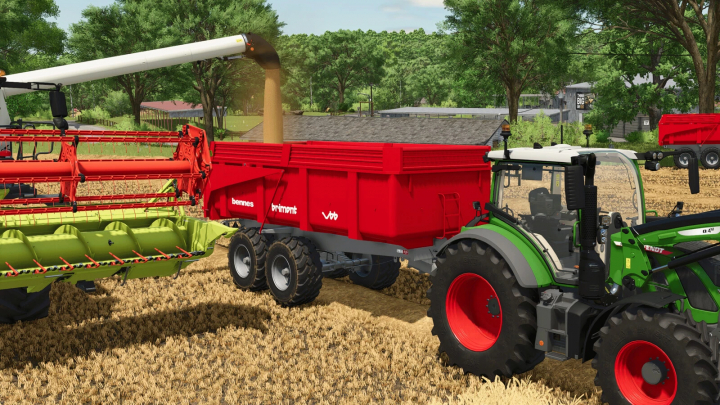 fs25-mods, FS25 mod Brimont BB Pack v1.0.0.0: Red trailer being loaded by harvester in a field with tractor in Farming Simulator 25.