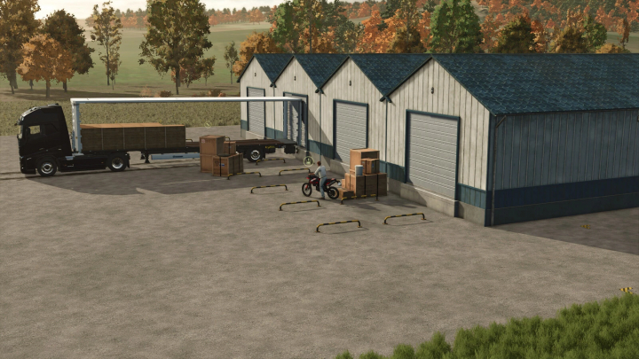 fs25-mods,  FS25 Central Warehouse Pack mod with truck, motorbike, and crates outside warehouse.