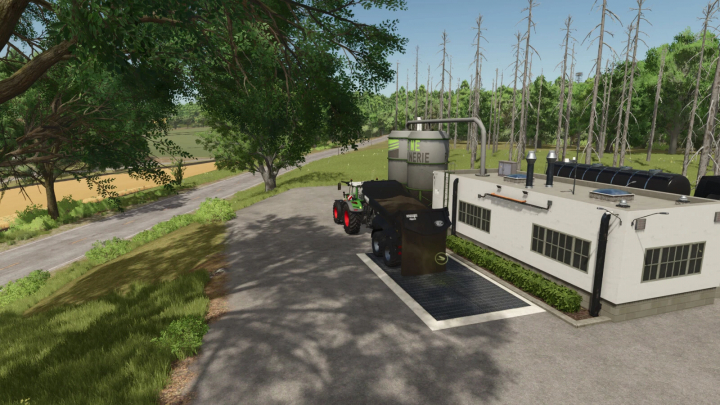 fs25-mods,  Diesel Production mod in Farming Simulator 25 with a tractor next to a refinery building.