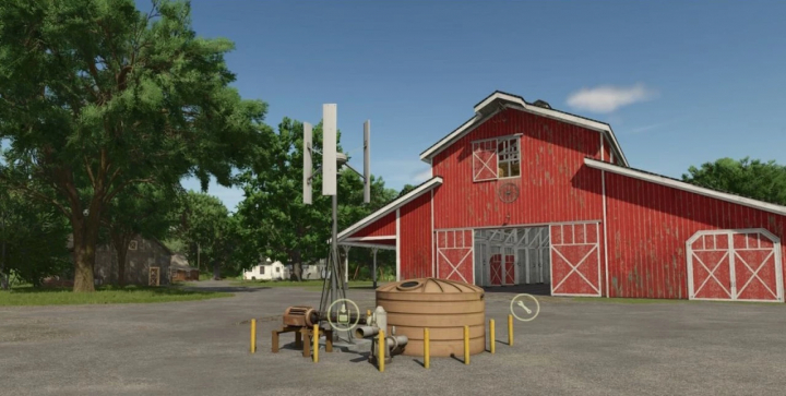 fs25-mods, Diesel water pump next to a red barn in FS25, showcasing the Diesel Water Pump With Distribution mod.