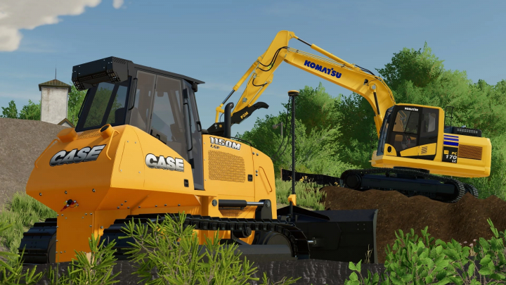 fs22-mods,  FS22 Komatsu PC170LC-11 and Case 1150M machinery mod in Farming Simulator 22, featuring detailed construction equipment on a dirt site.