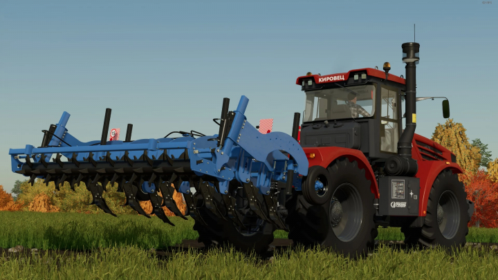 fs22-mods,  FS22 SHGN-4 v1.0.0.0 mod showcasing a red tractor with a blue plow attachment in a grass field for Farming Simulator 22.