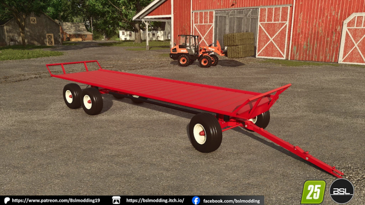 fs25-mods, FS25 Lemay bale wagon mod v1.0.0.0 for Farming Simulator 25, featuring a red flatbed trailer with four wheels in a farm setting.