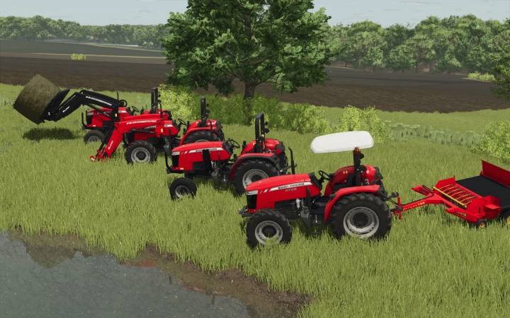 fs25-mods,  FS25 Massey Ferguson 4700 Utility tractors with attachments in a grassy field. Farming Simulator 25 mods showcase.