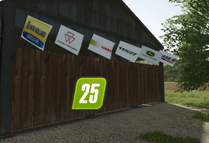 fs25-mods, FS25 Tractor Brands Wall Flag Pack mod with flags of popular tractor brands on a barn wall in Farming Simulator 25.