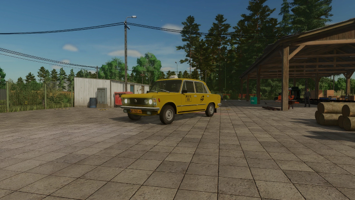 fs25-mods,  Fiat 125p TAXI mod in Farming Simulator 25, yellow taxi parked in a rural setting