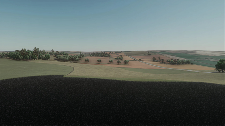 fs25-mods, Scenic landscape of Forest Wisconsin mod in Farming Simulator 25 with fields and trees.