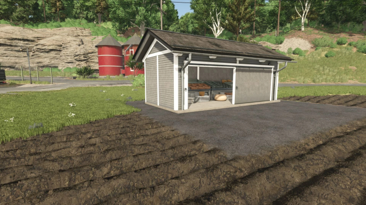 fs25-mods, FS25 mod Fruit Seller v1.0.0.0 showing a small building in a farm setting with fruit crates inside.