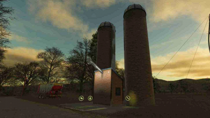 fs25-mods, Grass Fermentation Silage Silo in Farming Simulator 25 at sunset, featuring a brick building with two tall silos. FS25 mods.