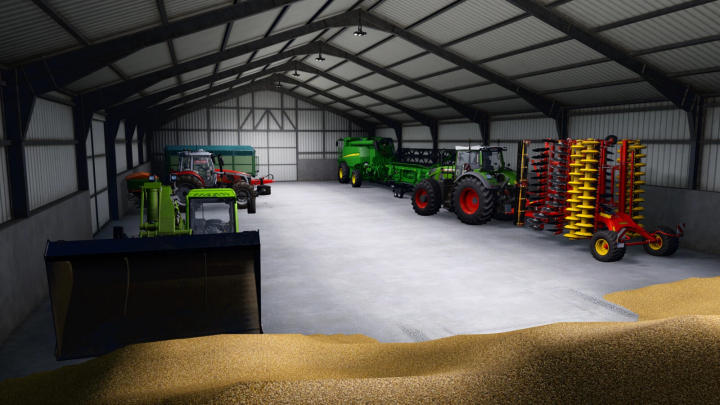 fs25-mods, Interior of Hall 45x20m v1.0.0.0 mod in Farming Simulator 25, showcasing various farming vehicles and equipment.