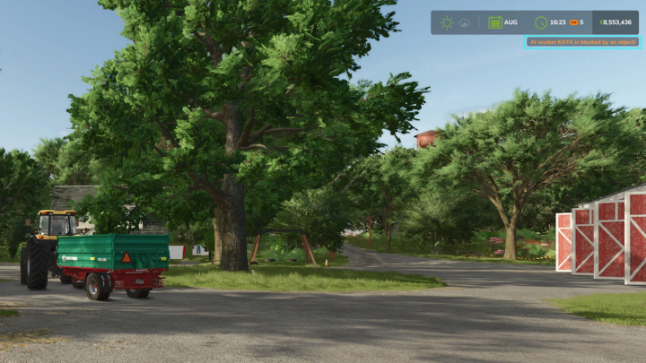 fs25-mods,  FS25 HiredHelper Tool v1.0.0.0 mod showing tractor blocked by object in forested area.