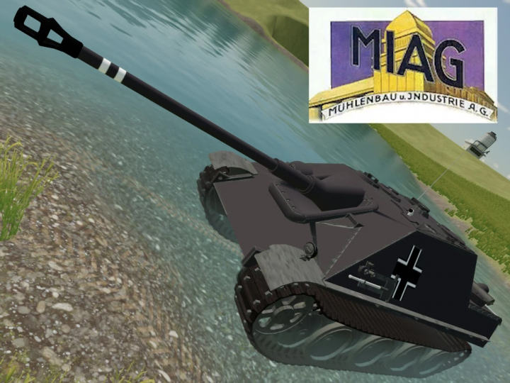 fs22-mods, Jagdpanther tank mod in FS22 with MIAG logo beside a lake.