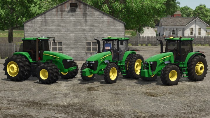 fs25-mods,  Three John Deere tractors from the John Deere 7J / 7030 mod in FS25 displayed on a farm background.