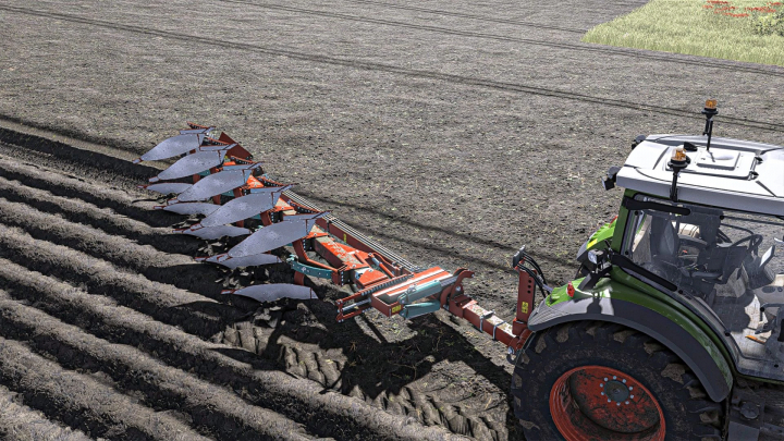 fs25-mods,  Kverneland PB100 plow mod for FS25, shown attached to a tractor tilling a field.