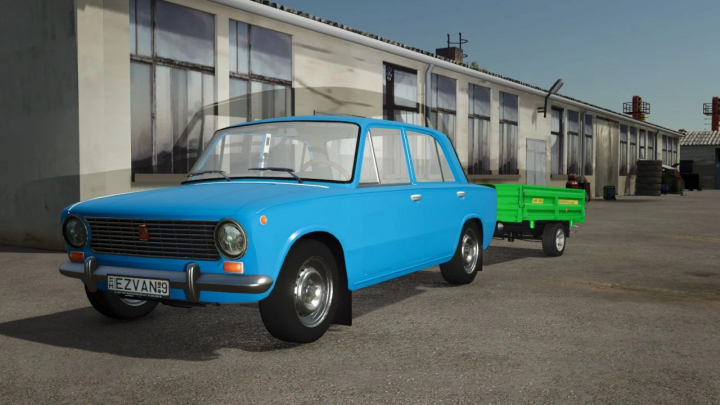 fs25-mods, FS25 mod Lada 2101 v1.0.0.0, blue car with green trailer in Farming Simulator 25.