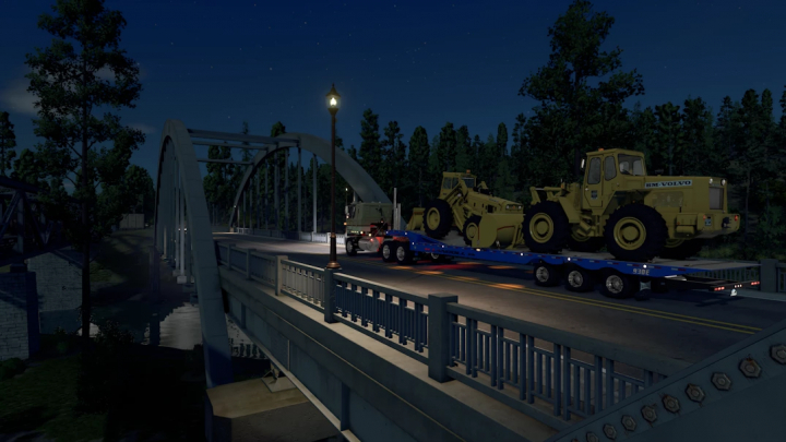 fs25-mods, Landoll Travel Tail Trailer mod in FS25 transporting machinery over a bridge at night.