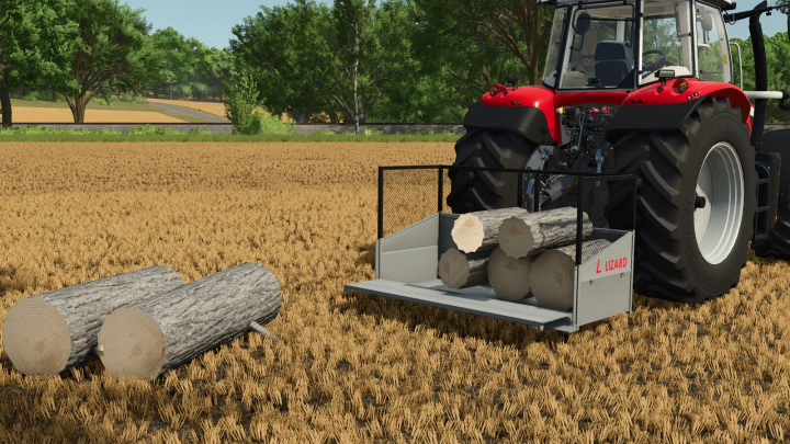 fs25-mods, FS25 mod Lizard Box v1.0.0.0 showing logs loaded on a tractor attachment in a field.