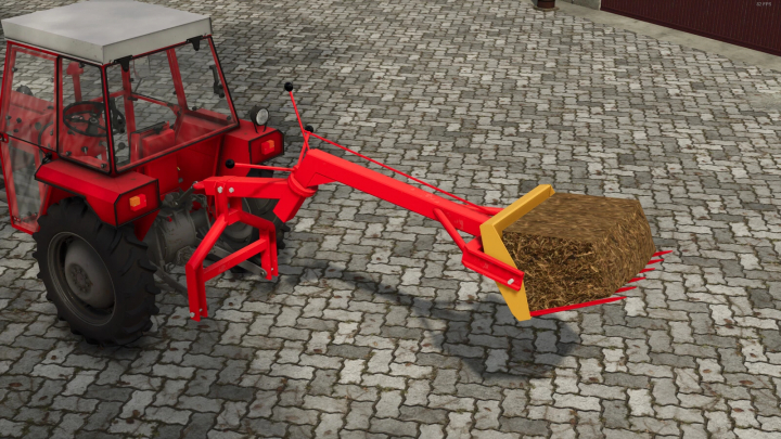 fs25-mods, Red tractor with Lizard Panonija 525 loader holding hay bale in FS25 mod.