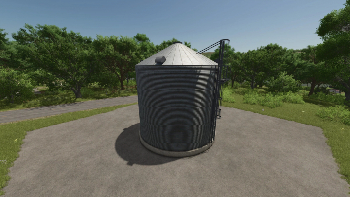 fs25-mods, FS25 mods: Lizard Silos v1.0.0.0, a large metal grain silo in a grassy field setting in Farming Simulator 25.