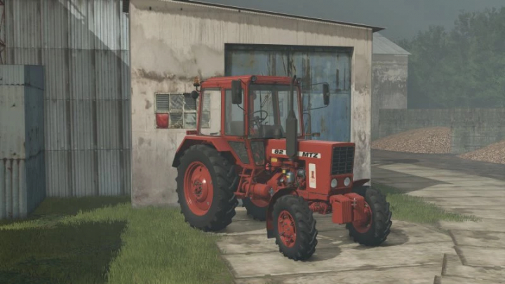 fs25-mods, Red MTZ 82 BELARUS tractor parked outside a barn in Farming Simulator 25, showcasing FS25 mods.