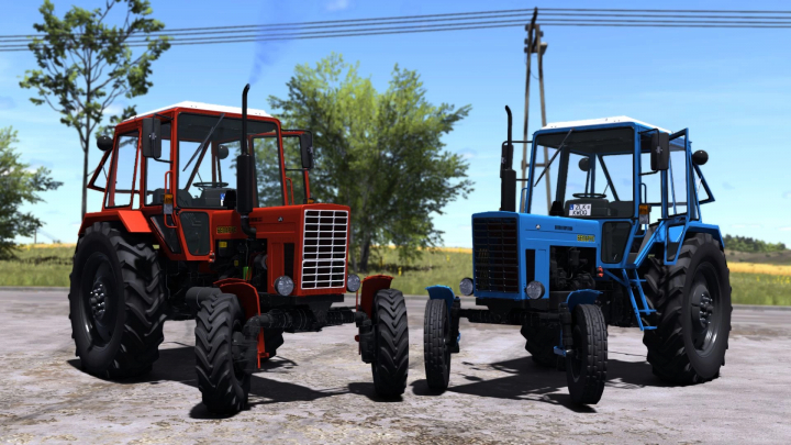 fs25-mods,  Red and blue MTZ 82 UK tractors in the Farming Simulator 25 mod. FS25 mods enhance gameplay with realistic vehicle models.