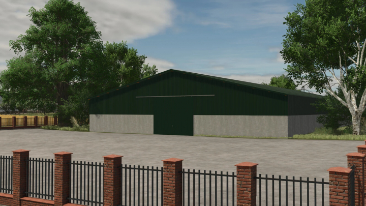 fs25-mods, MachineHall mod for Farming Simulator 25, a large green structure surrounded by trees and a brick fence.