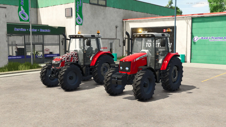 fs25-mods,  Two Massey Ferguson 5400 Series tractors in FS25 mod parked near Axle's Tractor Center.