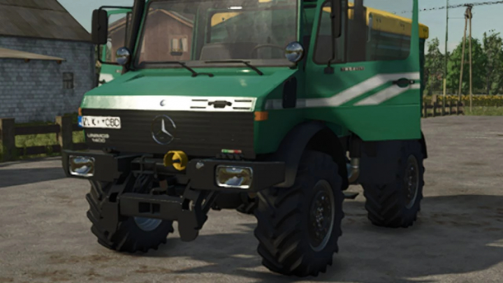 fs25-mods,  Mercedes-Benz Unimog U1200 in FS25 mod showcasing a green vehicle with rugged tires, version 1.1.0.0.