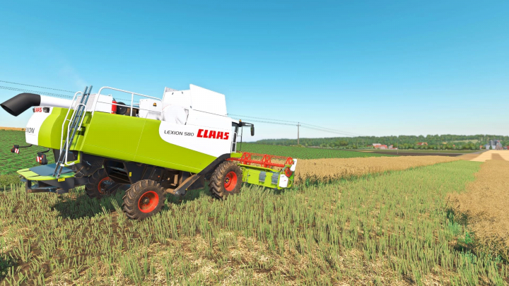 fs22-mods,  Claas Lexion 580 harvester working on a field in FS22 mod.