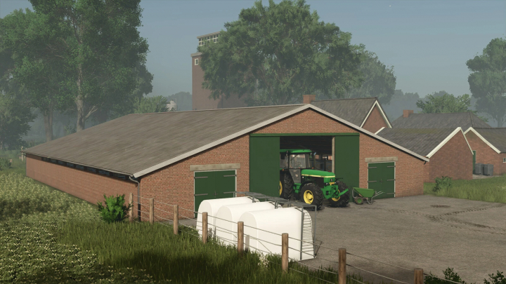 fs25-mods, Old Cowshed mod in FS25 featuring a brick barn with tractor, enhancing farm management realism.