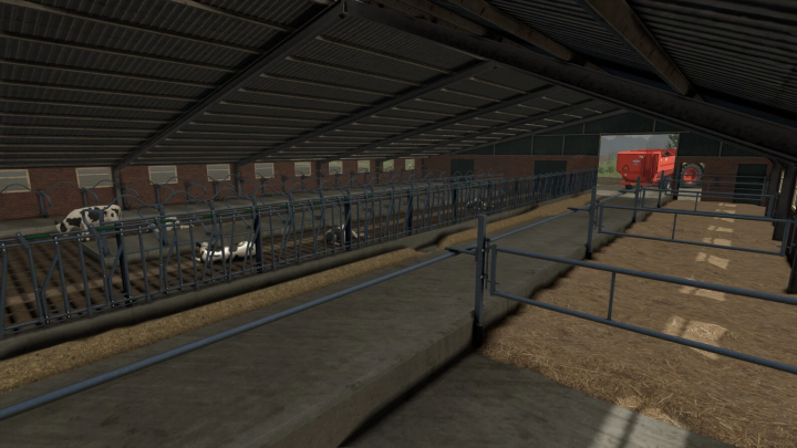 fs25-mods,  Old Cowshed mod for FS25 showing an interior with cattle and feeding equipment.