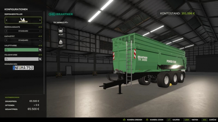 fs25-mods, FS25 mod displaying a Brantner TR 34090/2 PT+ trailer in a virtual garage, part of Oli5464 Mod Pack V1.0.0.8.