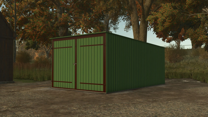 fs25-mods, Green tin car garage in FS25 mod Pack Of Tin Car Garages, surrounded by autumn trees.