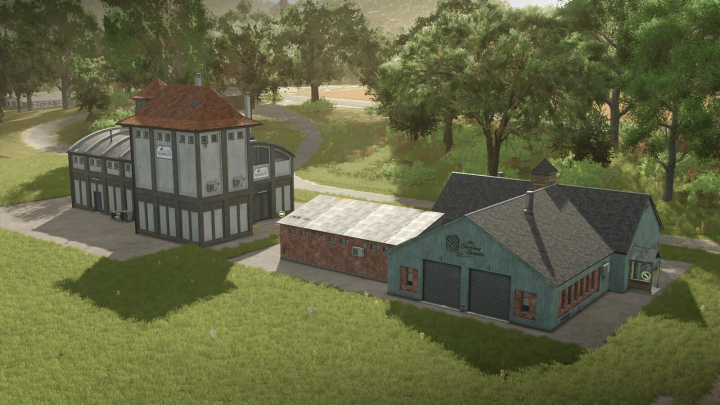 fs25-mods,  FS25 Production Points Pack mod: industrial buildings in lush landscape, enhancing farming operations.