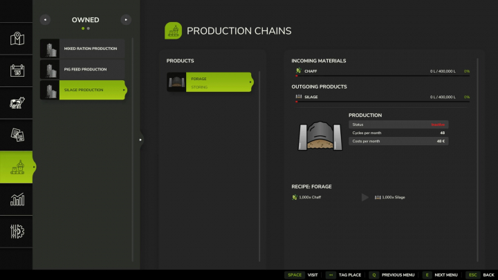 fs25-mods,  FS25 mod Productions Pack UI showing silage production chain with chaff to silage conversion, inactive status.