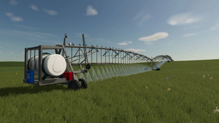 fs25-mods, FS25 mod showing Reinke Linear Irrigation System v1.0.0.0 watering a field.