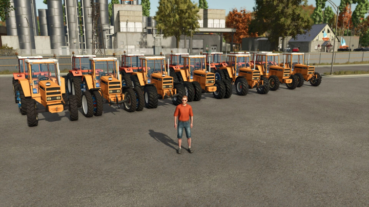 fs25-mods, FS25 mods - Renault 1181-4 tractors lined up with a character in front, showcasing Farming Simulator 25 mod.