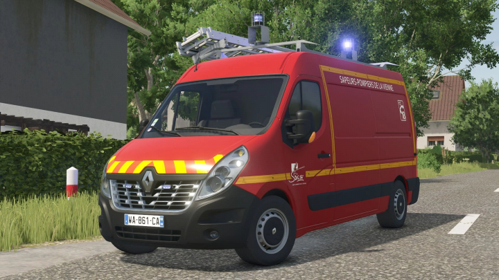 fs25-mods,  Renault Master III VTU firefighters mod in FS25, showcasing a red fire vehicle on a road.