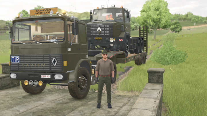 fs25-mods, FS25 mod Saviem PS30 truck with trailer and player character in a farm setting.