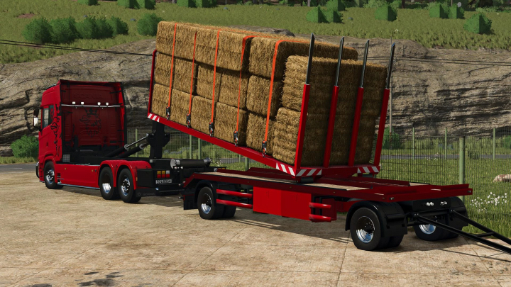 fs25-mods, FS25 mod: Scania S Hooklift v1.0.1.0 loaded with hay bales on a rural road.