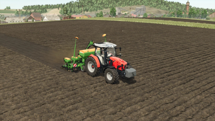 fs25-mods, Tractor planting seeds with Seeds Addon mod in Farming Simulator 25, cultivating a large plowed field.