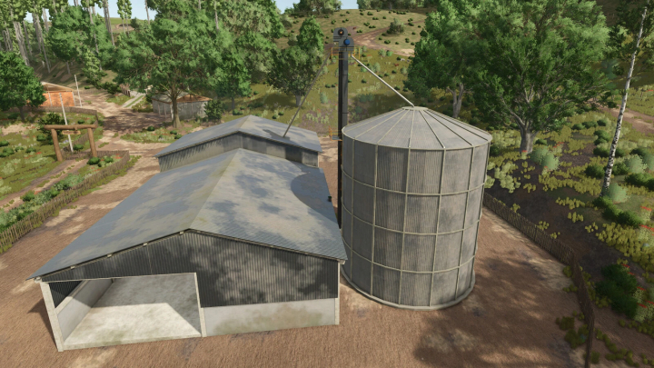 fs25-mods,  Silo Deep Ranch mod in Farming Simulator 25, featuring large silo and barn surrounded by trees.