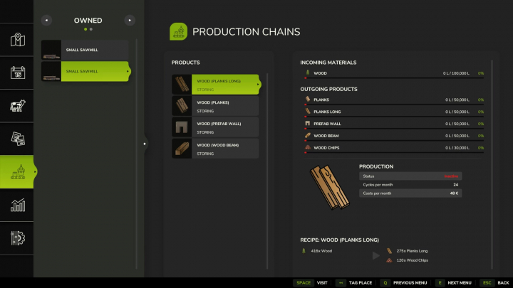 fs25-mods, FS25 mod, Small Sawmill v1.0.0.0 interface showing production chains, product storage, and material requirements.