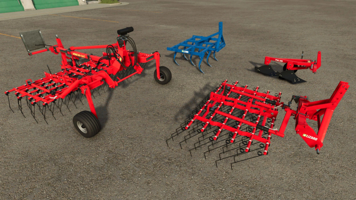 fs25-mods,  Small Tools Package v1.0.0.0 mod for Farming Simulator 25, showcasing red and blue farming implements on concrete.