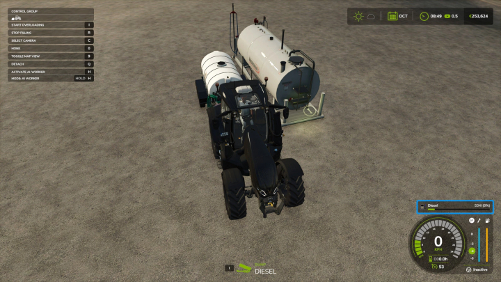 fs25-mods,  A tractor with the Tanker Universal Fill mod in FS25, showing diesel tank and fuel interface.