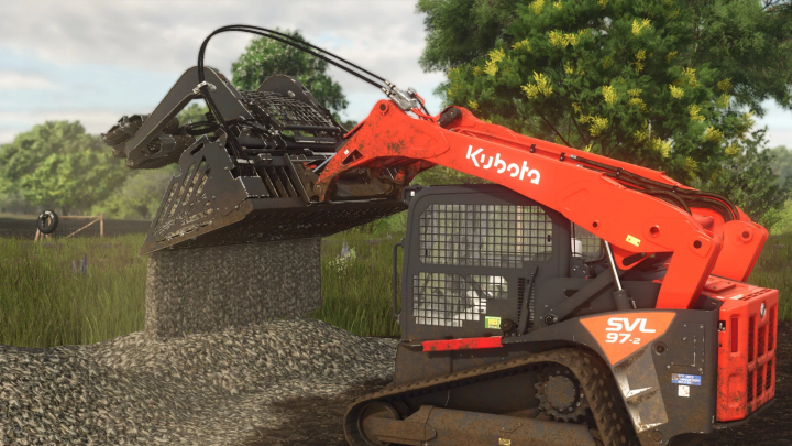 fs25-mods, FS25 mod TerraClear TC100 v1.0.0.0 showcasing a skid steer loader with an attachment dumping gravel in a field.