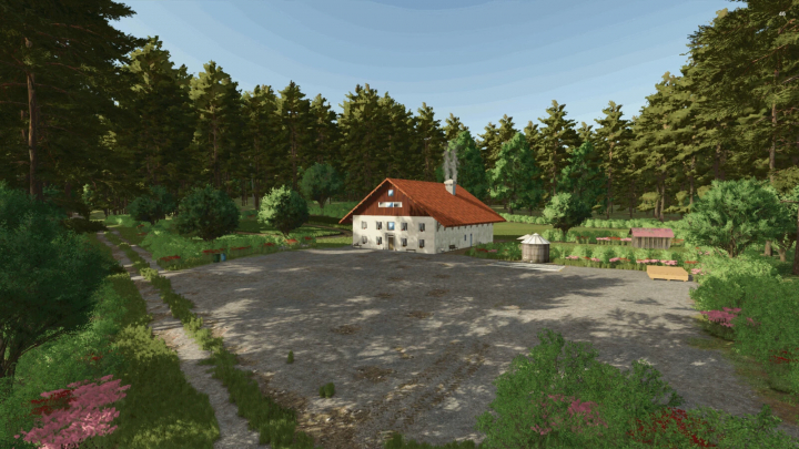 fs25-mods,  FS25 mods: Rustic farmhouse in The Risoux Forest surrounded by lush greenery and trees under a clear sky.